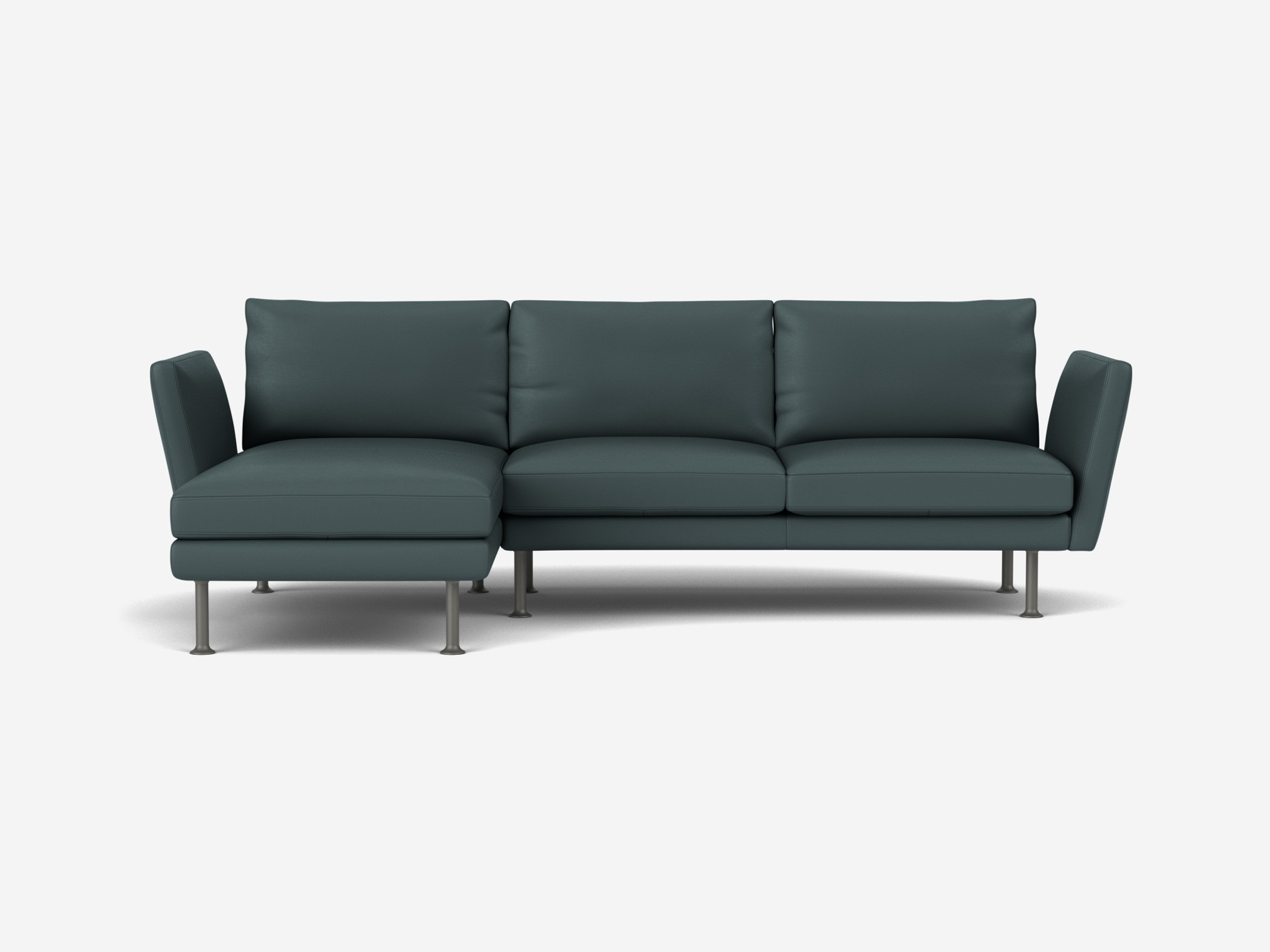 Front view of blue leather sectional sofa with high arms and left facing chaise